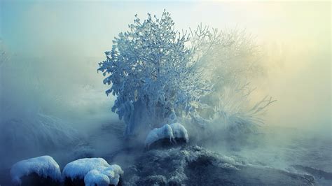 Ice Water Frozen River Snow Winter Mist Fog Hd Wallpaper Nature And