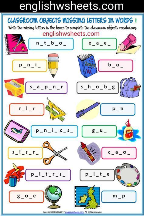 This set is often saved in the same folder as. Classroom Objects Esl Printable Missing Letters in Words ...