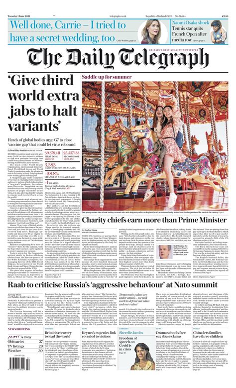 Daily Telegraph Front Page 1st Of June 2021 Tomorrows Papers Today