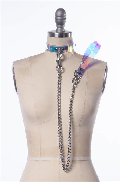 Holographic Chain Leash And Collar Set Iridescent Pvc Lead Etsy