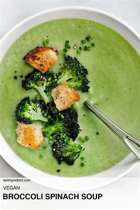 Broccoli Spinach Soup With Croutons In A White Bowl