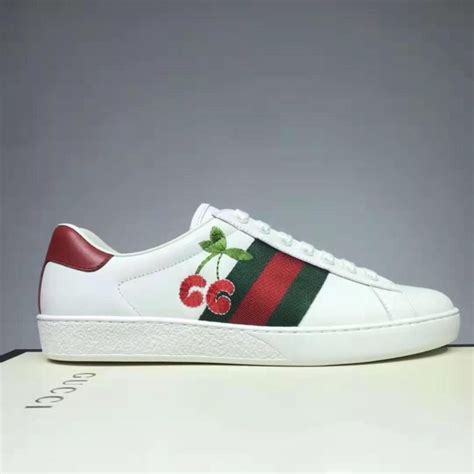 Gucci Gg Unisex Ace Sneaker With Cherry White Leather Green Red Web Lulux