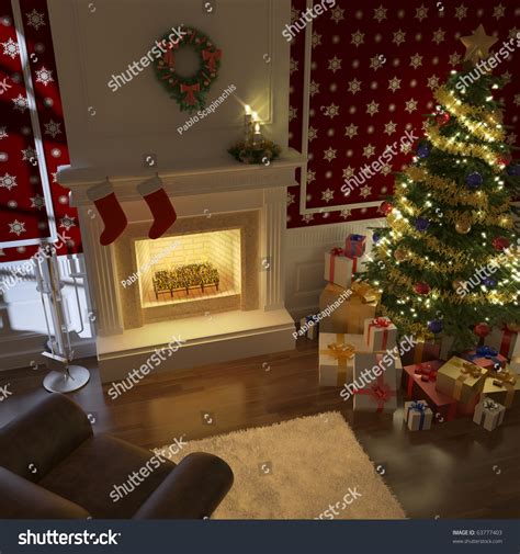 Cozy Decorated Christmas Fireplace At Night With Tree Presents And