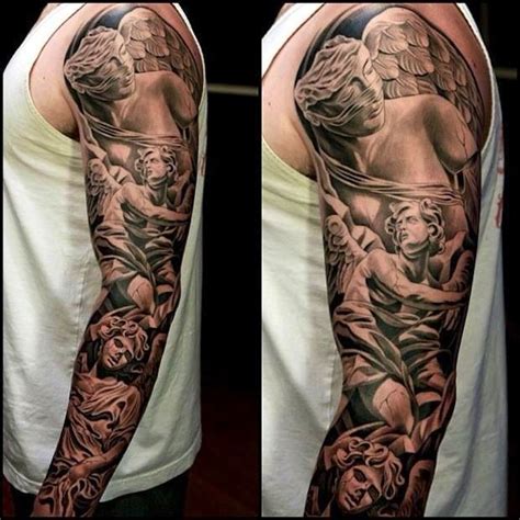 Angels Sleeve Tattoo In Black And Grey Tatoo Angel Angel Sleeve Tattoo Dragon Sleeve Tattoos