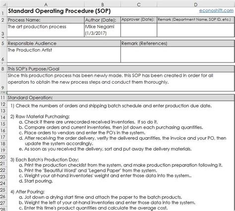 Standard Operating Procedure Sop Template Excel