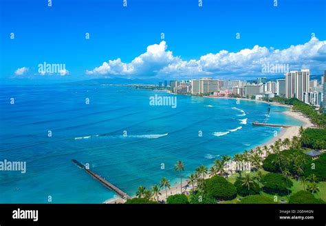 Panorama Aerial Drone View Of Waikiki Beach Honolulu Hawaii Usa Hotels