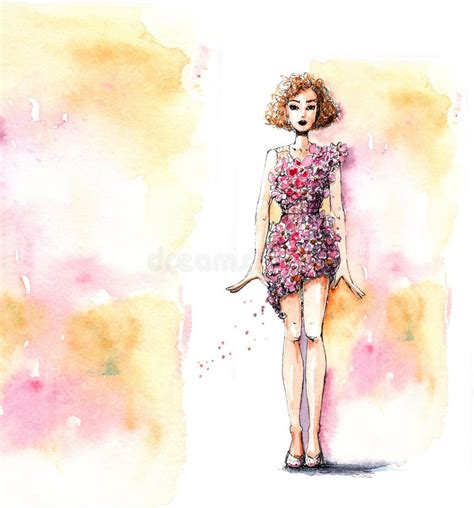 Woman In Flowers Dress Beautiful Fashion Illustration Watercolor