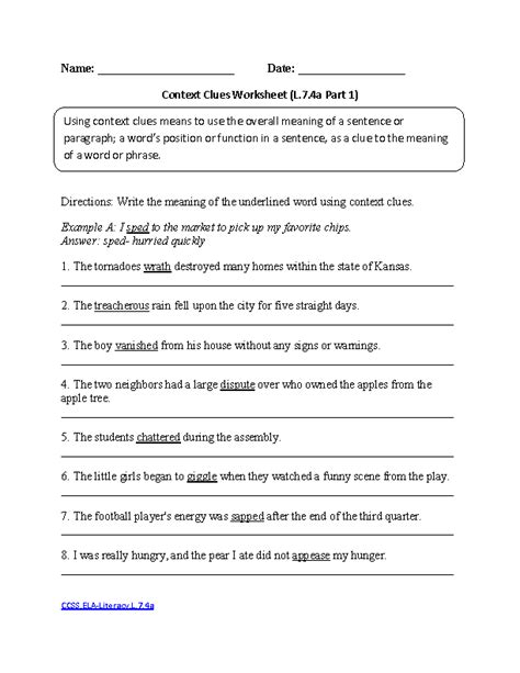 In the seventh grade, students start to prepare for high school. Context Clues Worksheet 1 ELA-Literacy.L.7.4a Language ...