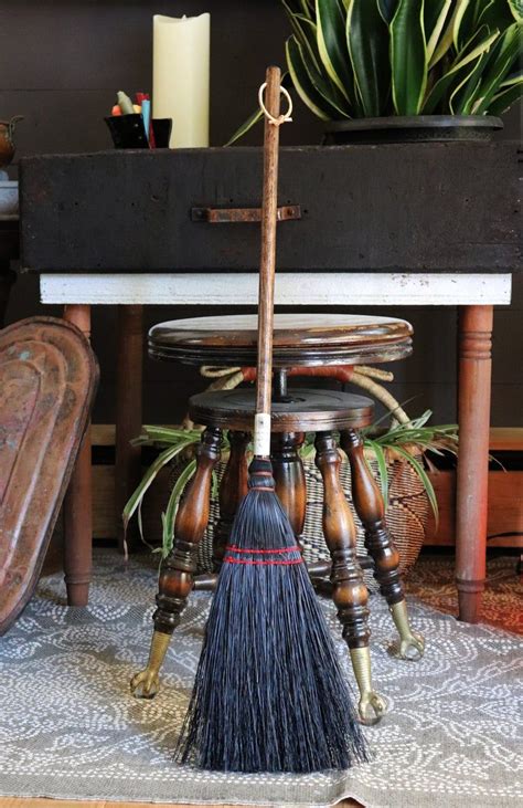 A Broom Sitting On Top Of A Table Next To A Potted Plant And Other Items