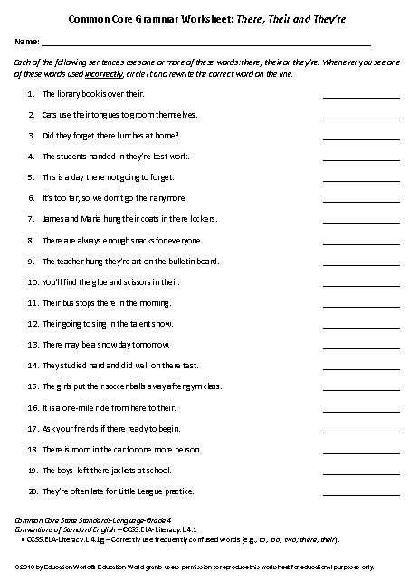 This homophones worksheet directs the student to write which version of there, their, or they're best completes each sentence. Education World: Common Core Grammar Worksheet: There ...