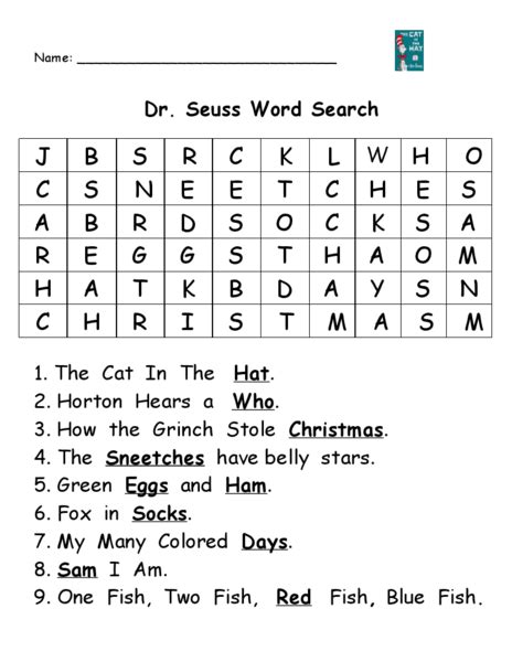 Dr Seuss Word Search Worksheet For 3rd 5th Grade Lesson Planet