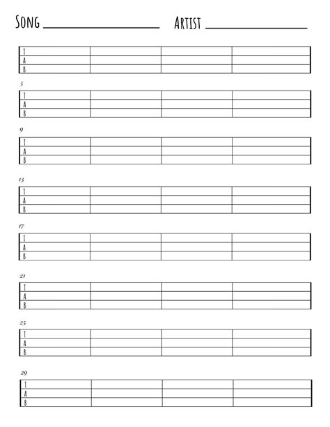 Bass Blank Tabs Instant Printable Download Instant Download Blank Sheet