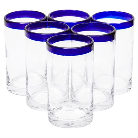 Set Of 6 Blue Rim Mexican Glassware 14 Oz Cobalt Hand Blown Drinking Glasses 44 99 Picclick