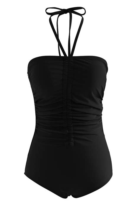 Halter Neck Ruched Front Swimsuit In Black Retro Indie And Unique