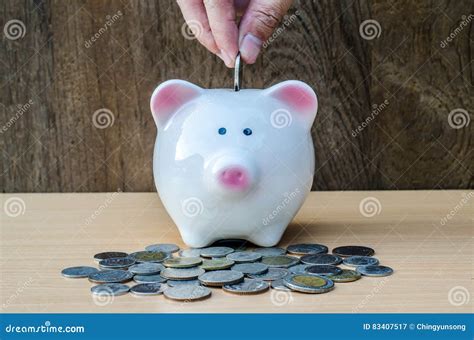 Saving Male Hand Putting A Coin Into Piggy Bank And Money Stock Image