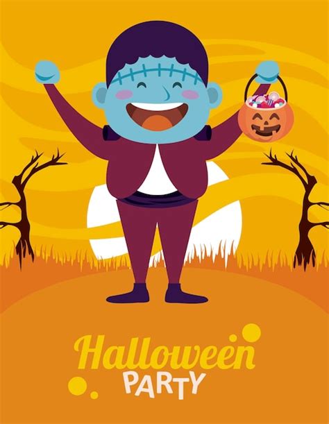 Feliz Fiesta De Halloween Con Frankenstein Y Caramelos De Calabaza En