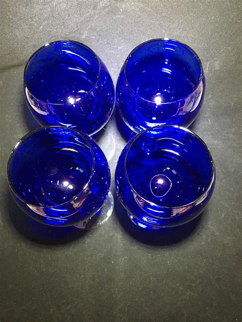 Vintage Cobalt Blue Clear Stem Winewater Glasses 10 Oz