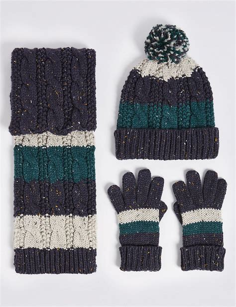 Kids Striped Cable Knit Hat Scarf And Gloves Set Marks And Spencer