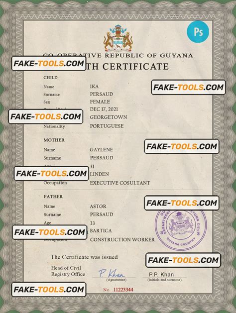 Guyana Vital Record Birth Certificate Psd Template Fully Editable Fake Tools