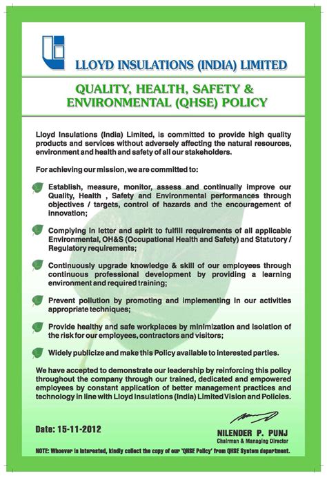 Division of environmental health and safety applies to: Lloyd :: COMPANY PROFILE