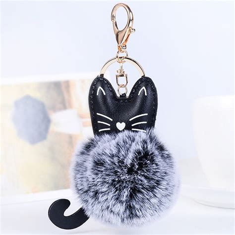 Cute Flufly Rabbit Fur Ball Cat Keychain Pu Leather Key Chains Rings