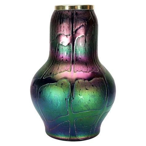 Art Nouveau Loetz Style Glass Vases With Metalwork At 1stdibs