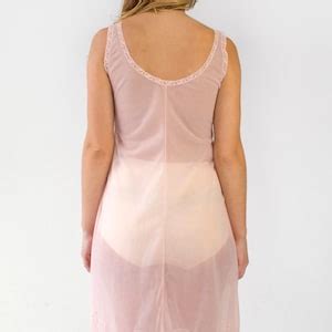 Vintage Lace Slip Dress Pink Sheer Negligee Lingerie Chemise Sleeveless Womens Retro Midi