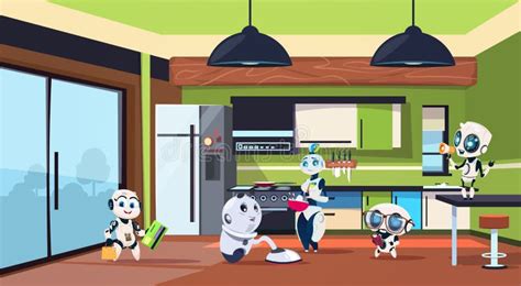 Amas De Casa De Los Robots Que Usan El Sitio Elegante De La Cocina De