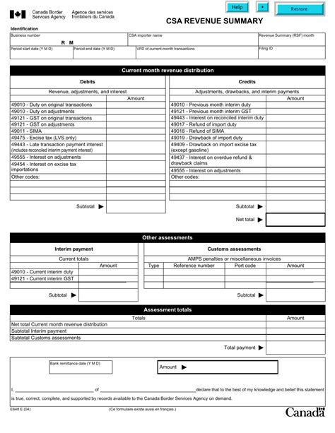 Form E648 Download Fillable Pdf Or Fill Online Csa Revenue Summary