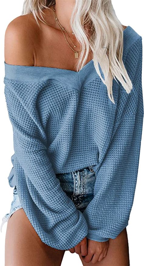 Women V Neck Sweater Waffle Knit Long Sleeve Casual Off Shoulder