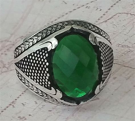 Turkish Ottoman Green Emerald Gemstone Sterling Silver Mens Ring