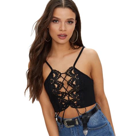2018 women lace up front cropped top crocheted lace hollow out female short tank tops spaghetti