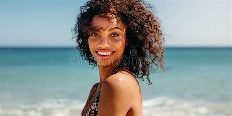 Portrait Of A Curly Haired Woman At The Beach Stock Image Image Of