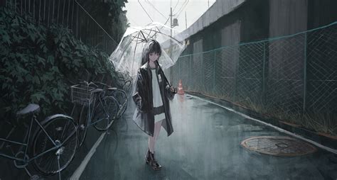 Download 1920x1080 Anime Girl Sadness Raining Street Coat Mood