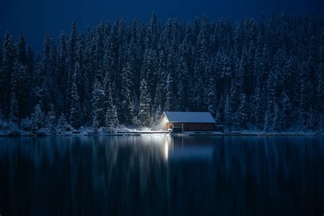 Photography Nature Cabin Winter Forest Lake Snow Lights Pine