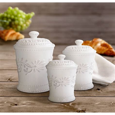 Shop American Atelier Bianca Leaf White 3 Piece Ceramic Canister Set