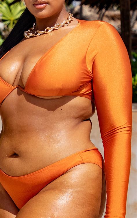 Plus Orange Underwired Long Sleeve Bikini Top Prettylittlething Ca
