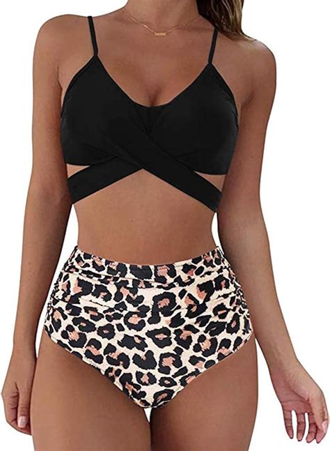 Tianwlio Damen Badeanzug Zweiteilige Bikini Set Neckholder Leopard