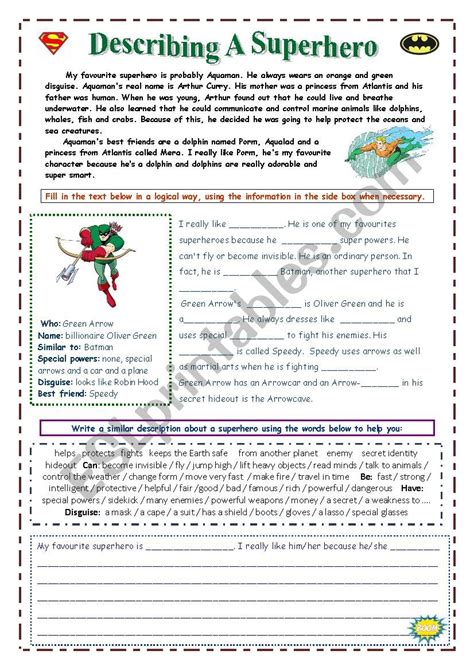 Describe A Superhero Esl Worksheet By Zora