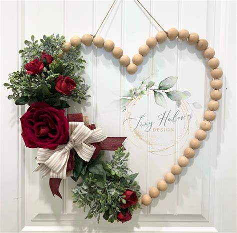 Heart Shape Wreath Wood Bead Wreath Red Wreath Roses Etsy In 2022