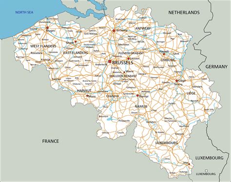 Large Detailed Physical Map Of Belgium With All Roads