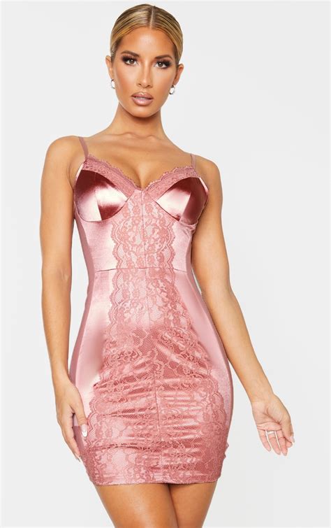 Pink Satin Lace Insert Strappy Bodycon Dress Prettylittlething Usa