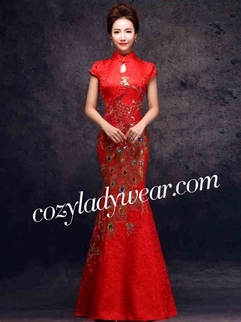Red Ankle Length Phoenix Cheongsam Qipao Chinese Wedding Dress