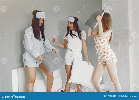 Three Girls Have Pajamas Party At Home Stock Image Image Of Emotional