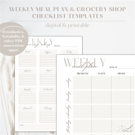 Weekly Meal Planner Template Weekly Grocery Shop Template Etsy