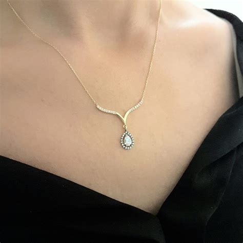 14k Real Solid Gold Tear Drop Halo Necklace Latika Jewelry