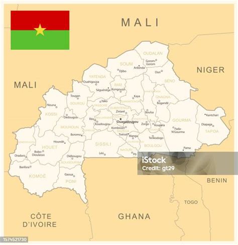 Burkina Faso Peta Rinci Dengan Divisi Administrasi Dan Bendera Negara