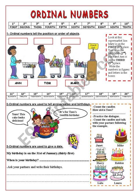 You can & download or print using the browser document. Ordinal Numbers- 2 pages of uses and exercises - ESL ...