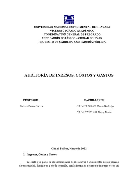 Informe Auditoria De Ingresos Costos Y Gastos Pdf Auditoría Contabilidad