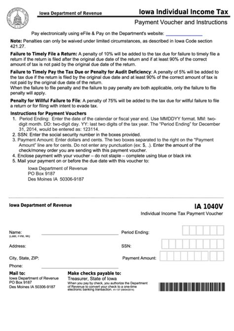 Fillable Form Ia 1040v Individual Income Tax Payment Voucher Printable Pdf Download